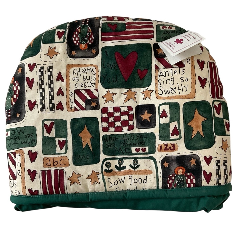 New Handcrafted Tea Cozy Green Tan Print New With Tags